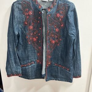 Chicos Denim‎ Jacket Embellished Beaded Embroidered Collarless Women Size 1